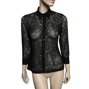 Anne Fontaine Meryl Lace Blouse in Black Sz 42 Stretch Shirt Top 3/4 Sleeves